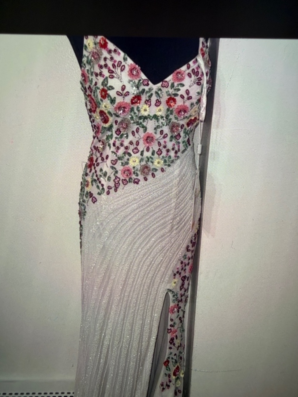 Embroidered Floral White Evening Dress with Side Slit